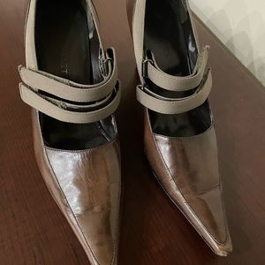 Olive green and brown pumps. 3 inches and very comfortable.